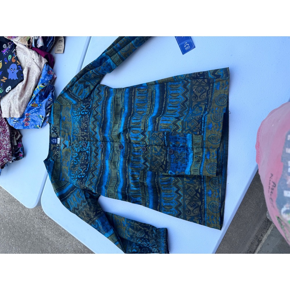 Barco Uniforms Vintage Scrub Jacket Blue Green Tribal Print Button Front XS